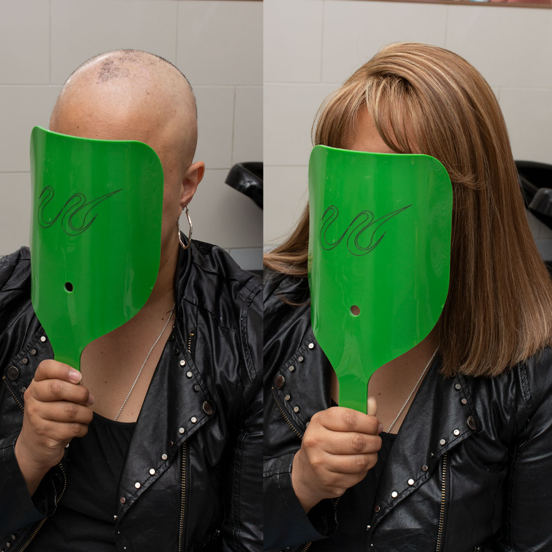 peluca de mujer, con mechas rubio claro